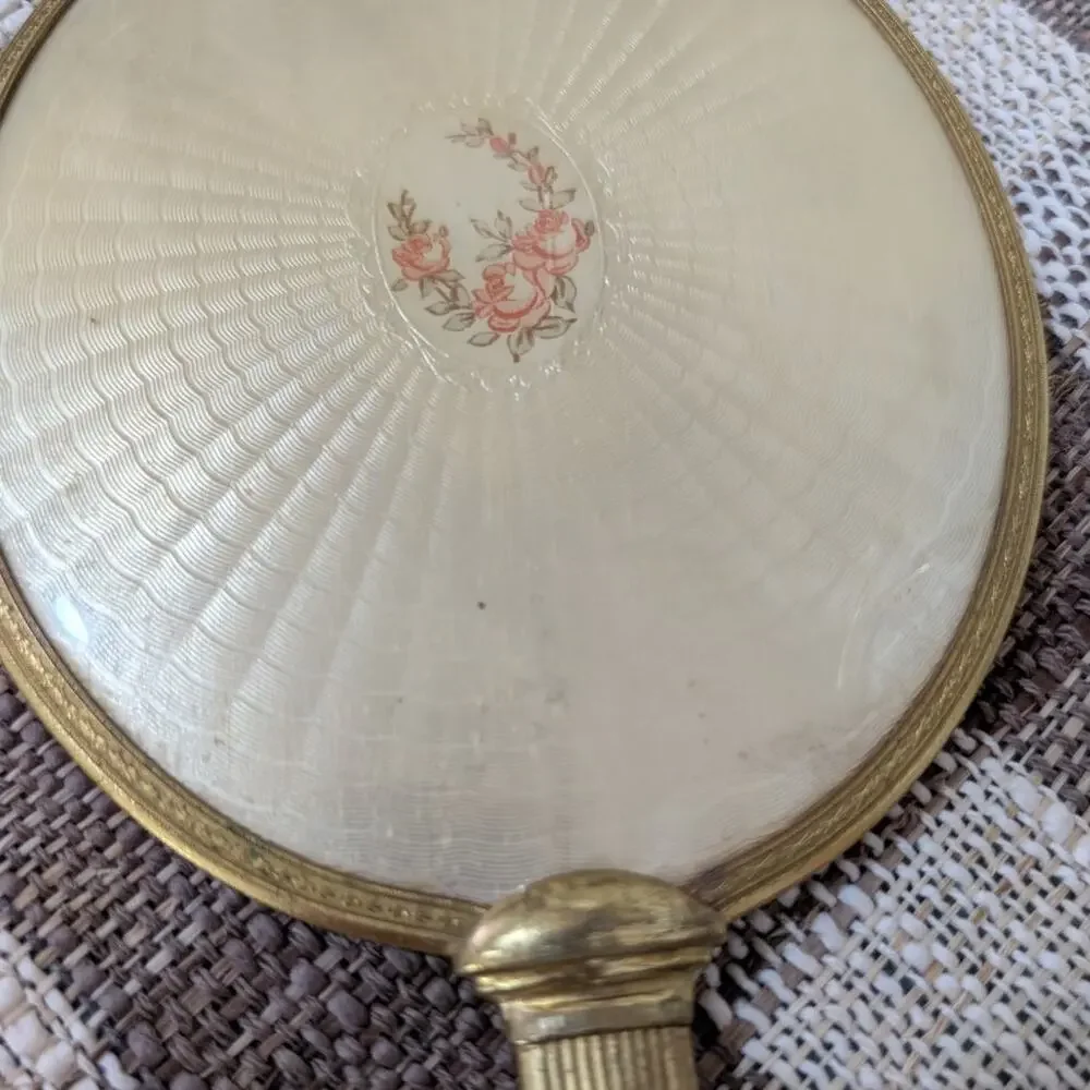 Guilloche Enamel and Brass Vintage Victorian-Style Hand Mirror
